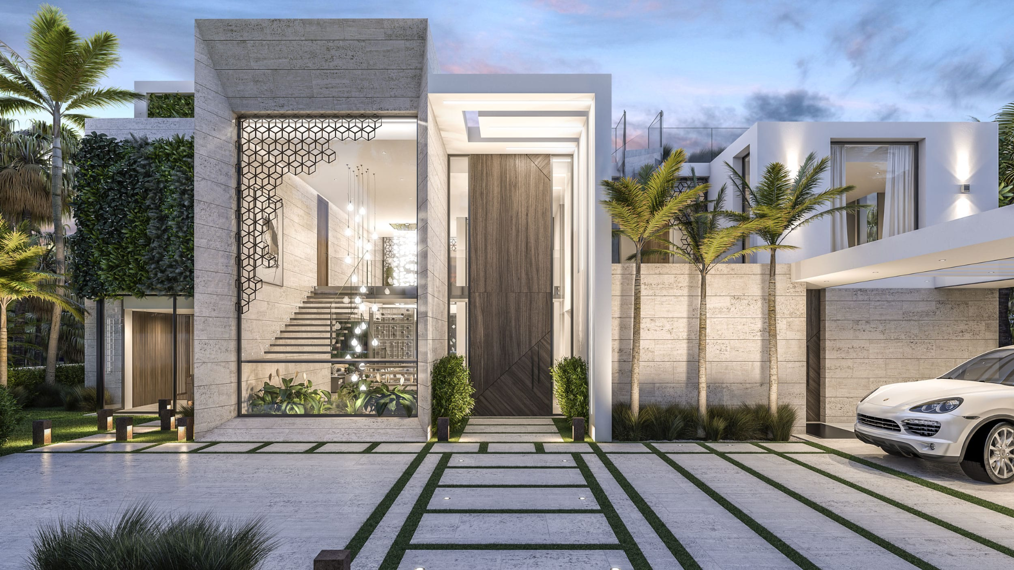 Luxury modern villa entry facade with landscaped front court
