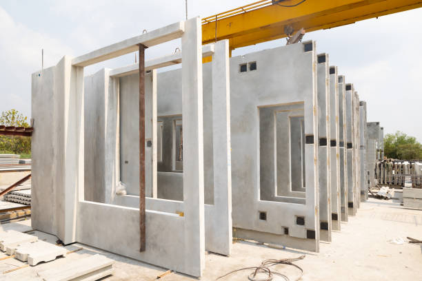 Precast wall panels stacked in a production yard